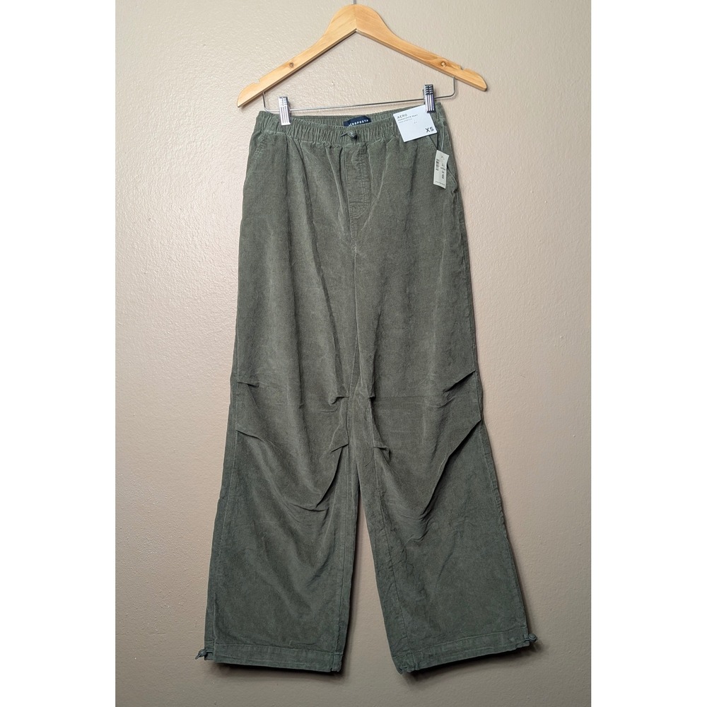 Aeropostale‎ Parachute Pants Women XS Olive Green Corduroy Wide Leg Baggy Cargo